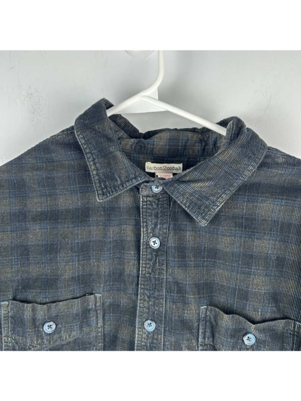 Carbon 2 Cobalt Shirt Mens L Blue Tan Plaid Corduroy Button Up Collared - Picture 6 of 10